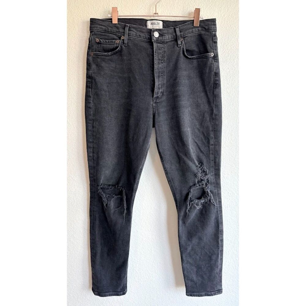 AGOLDE Nico Distressed High Waist Ankle Jeans with Holes in Black size 30 W32L28